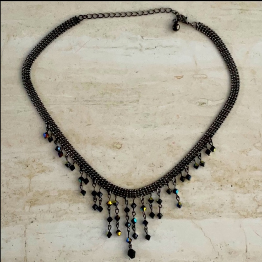 Vintage Iridescent Beaded Choker Necklace Black Gold Fringe Dangle Beads